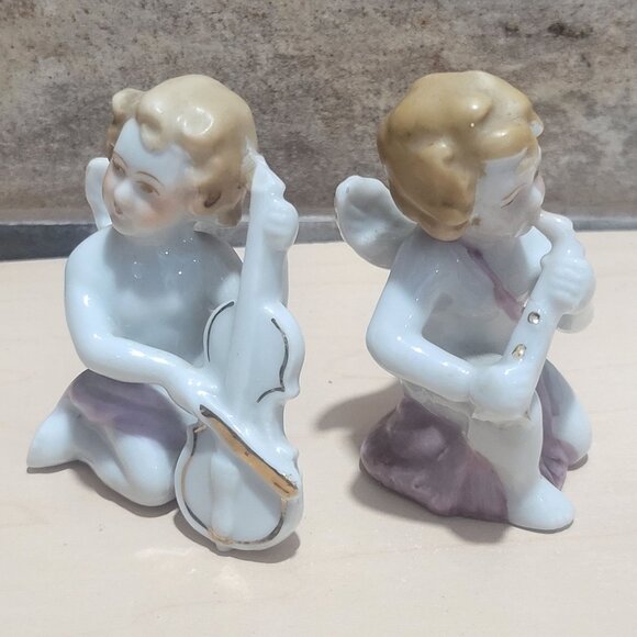 Two Vintage Porcelain Cherub Angel Figurines Playing Musical Instruments - Picture 7 of 11